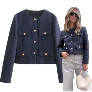 Zara Woven Knit Crochet Navy Blue Gold Button Down Cropped Flap Blazer Jacket
